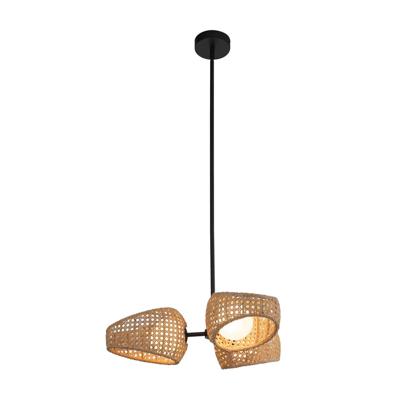 Lanai Matte Black and Rattan LED Chandelier with Opal Glass