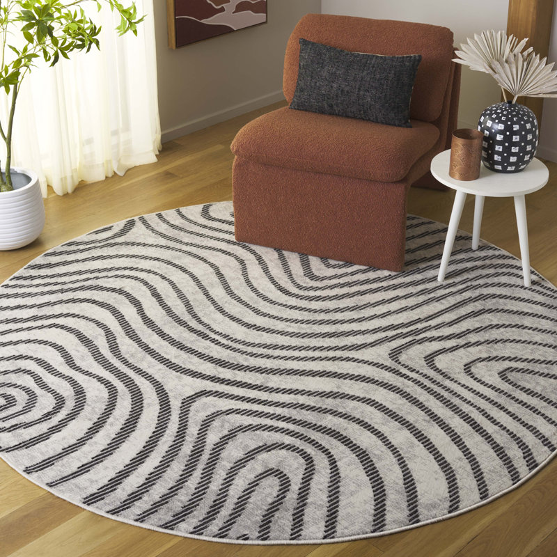 Madee Temple Bcf/Jute/Latex/Overlock Abstract Rug in Beige/Black, Round 6'7"