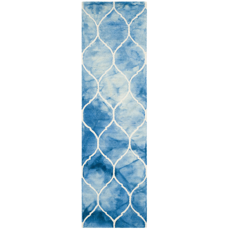 Tapis bleu / ivoire en laine / coton touffeté à la main Coleman, Tapis de couloir 2 pi 3 po x 8 pi