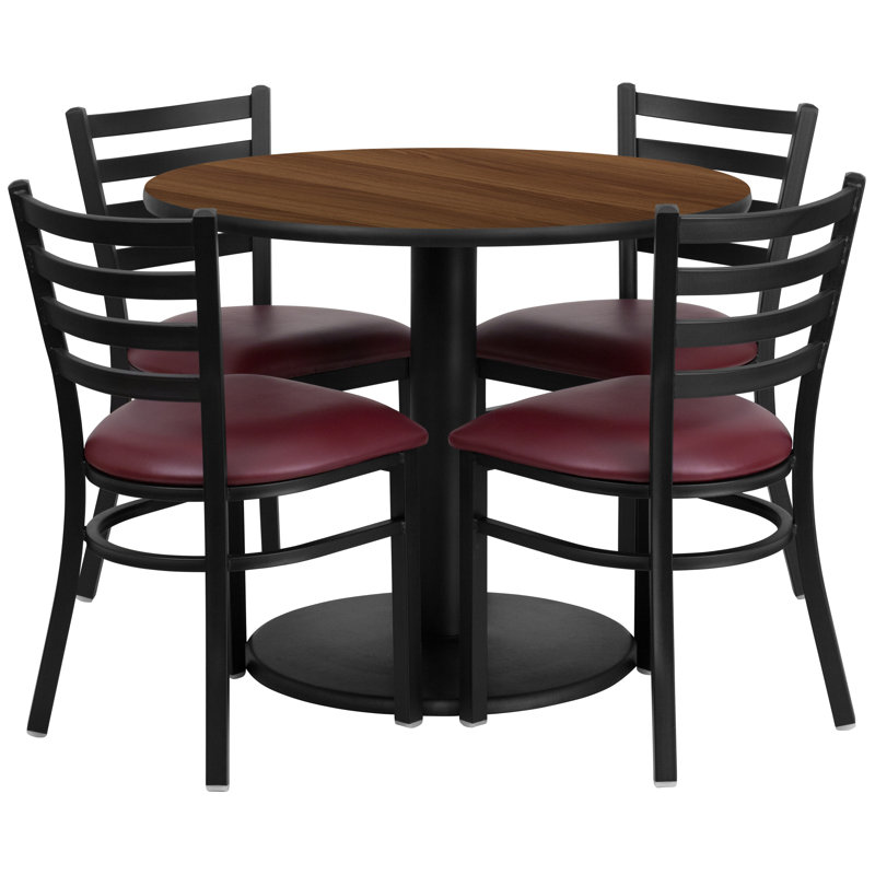 Ensemble de table ronde en stratifié 36 po avec base ronde et 4 chaises en métal Neelam, Noyer, Bourgogne