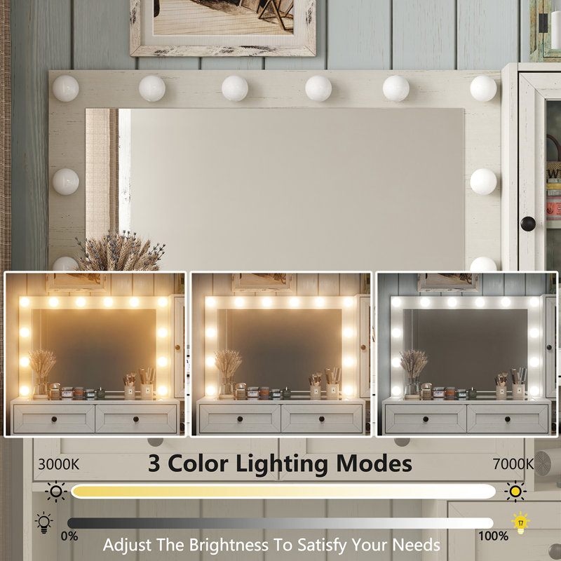 Chester Makeup Vanity Table with 3 Modes Adjustable Brightness Light & Power Outlet & Storage Stool