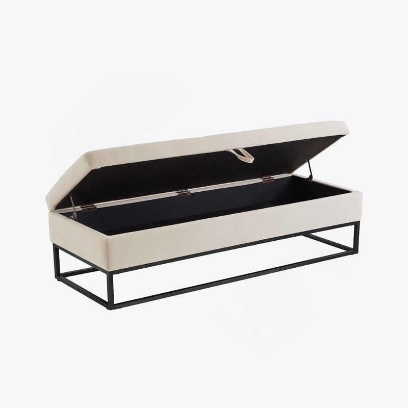 Base de lit en métal 58,6 po avec velours de rangement, Blanc, Noir