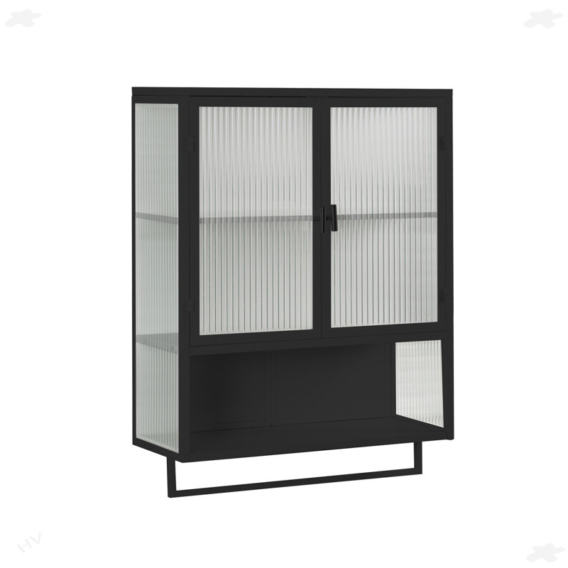 Armoire murale moderne à deux portes en verre avec rangement fermé à deux niveaux, Noir, noir, noir, noir