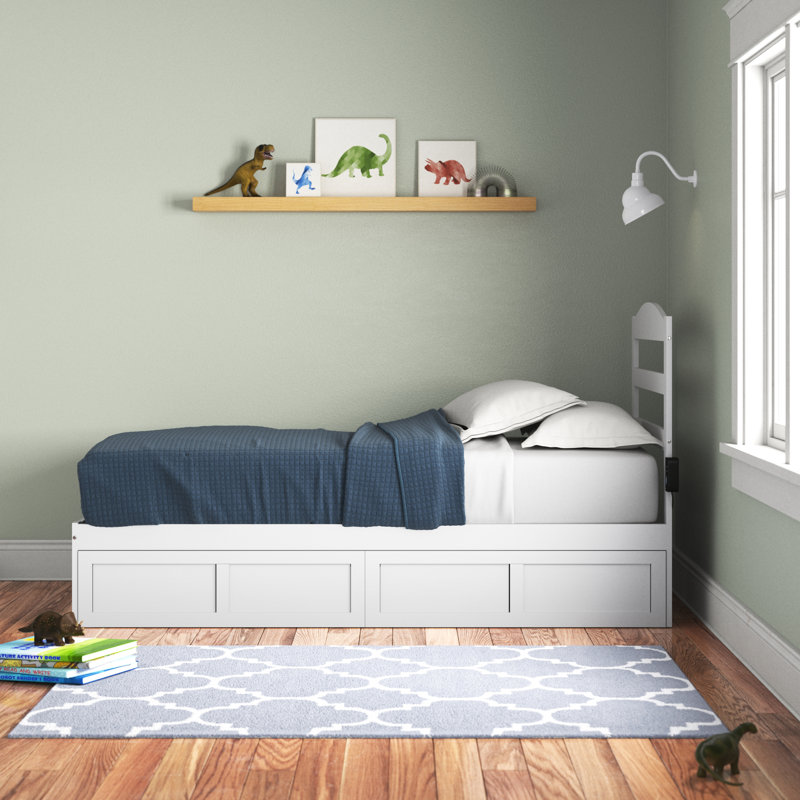 Elliana Solid Wood Platform Bed with Storage Drawers & Built-in Charging Station, White, Full/Double