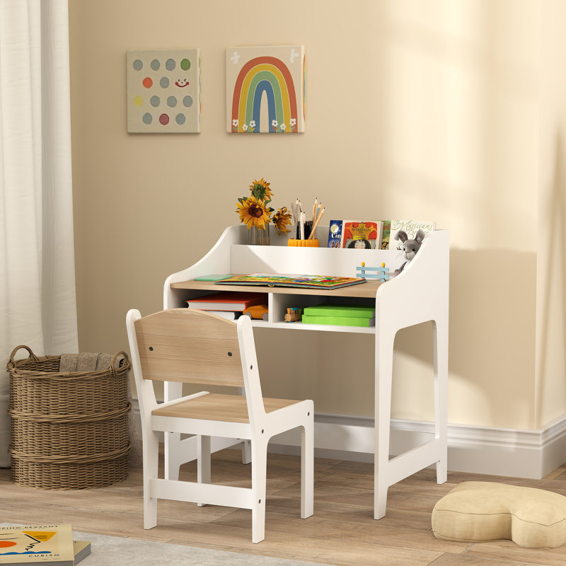 AIYAPLAY Kids Desk and Chair Set for 3-8 Years Old Natural Wood Finish