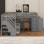 Lit superposé simple au-dessus d'un lit double en L avec bureau, tiroirs et garde-robe-1163365449