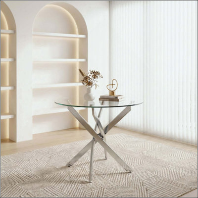 Round Dining Table, Glass Dining Table With Silver Legs, Modern Kitchen Table For Home Kitchen, Dining Room