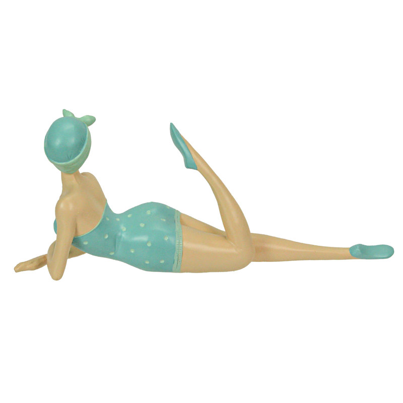 Shelf and tabletop vintage beach girl figurine in sage green polka dot swimsuit — hand-painted cold cast polyresin, 13.5 x 3.25 x 5.75 in