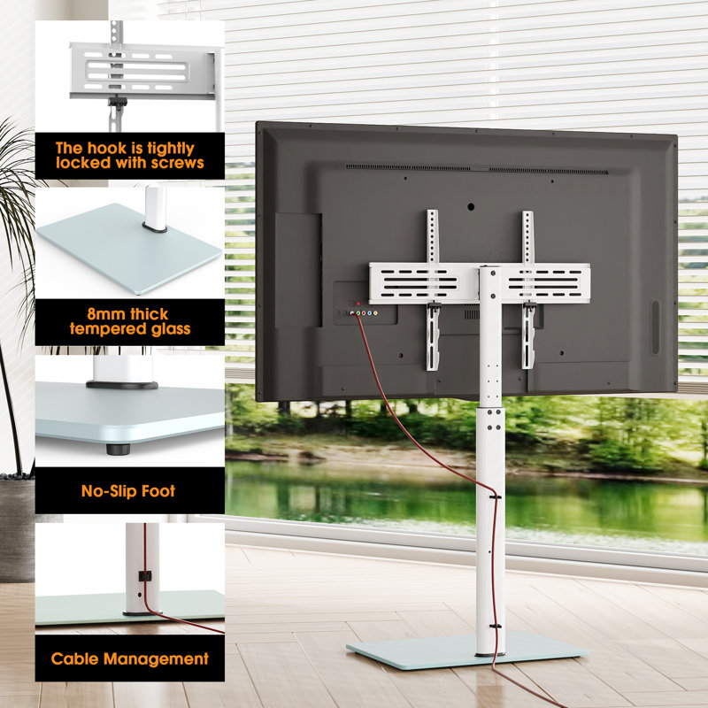 Tempered Glass Base Floor TV Stand 32-60 Inch, Height Adjustable,swivel Tv Stand With Mount, White
