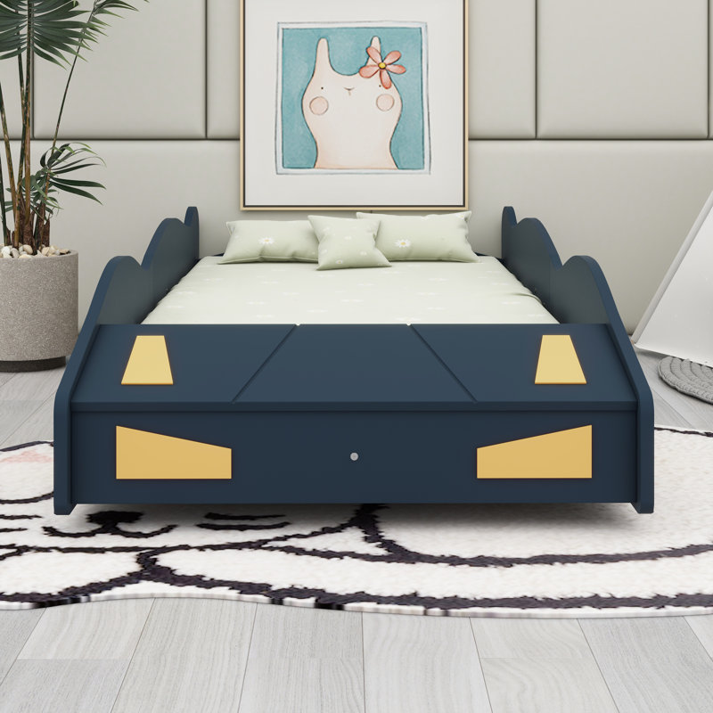 Lit plateforme en bois massif avec garde-corps, espace de rangement et roues, Lit simple, Bleu très foncé