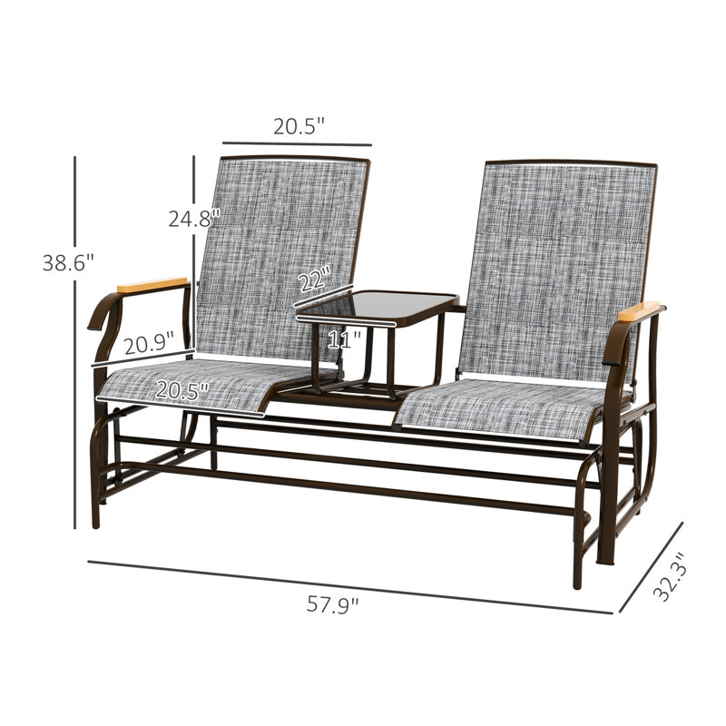 Fauteuil oscillant d'extérieur pour 2 personnes avec - table - banc gris - cadre et sièges en filet