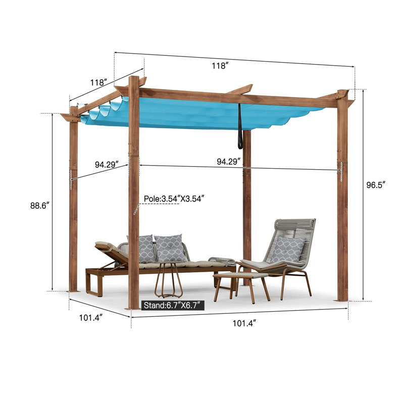 PURPLE LEAF 10' x 10' Outdoor Retractable Pergola with Sun Shade Canopy Metal Shelter for Patio Garden Pavilion Natural Wood Grain Frame Gazebo Modern Backyard Grill Pergola Blue