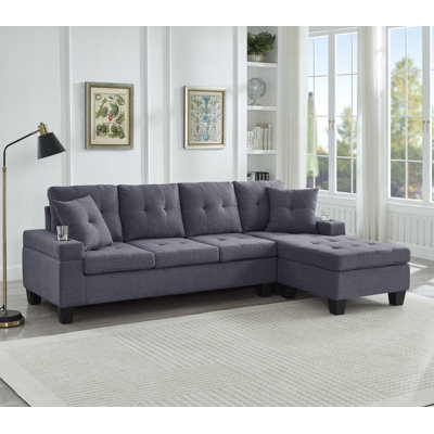 Reversible Linen Fabric Sectional Sofa with Chaise & Cupholders, Modern L-Shaped Couch (Left/Right Facing), Grey