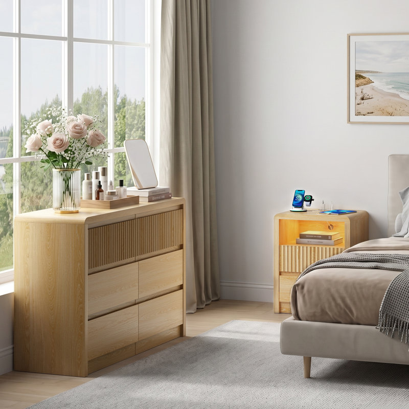 Ensemble de chambre à coucher cannelée 3 pièces, commode à 9 tiroirs et 2 tables de chevet avec tiroirs, armoire à usages multiples pour commode de chambre à coucher, meuble télé et table de bout de canapé, conception anti-basculement sécuritair