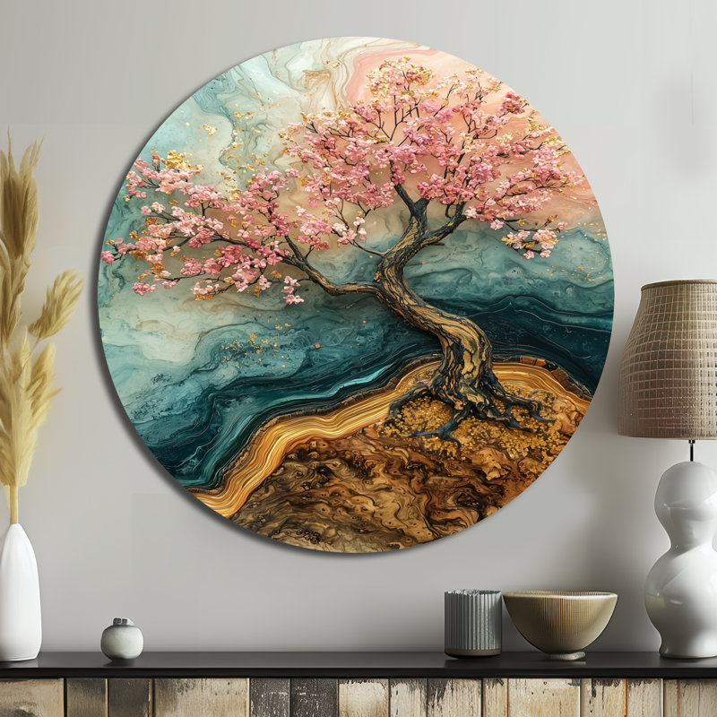 Fleur de cerisier doré jardin de beauté éphémère I - Art mural traditionnel rose en métal, H 16 po x l 16 po