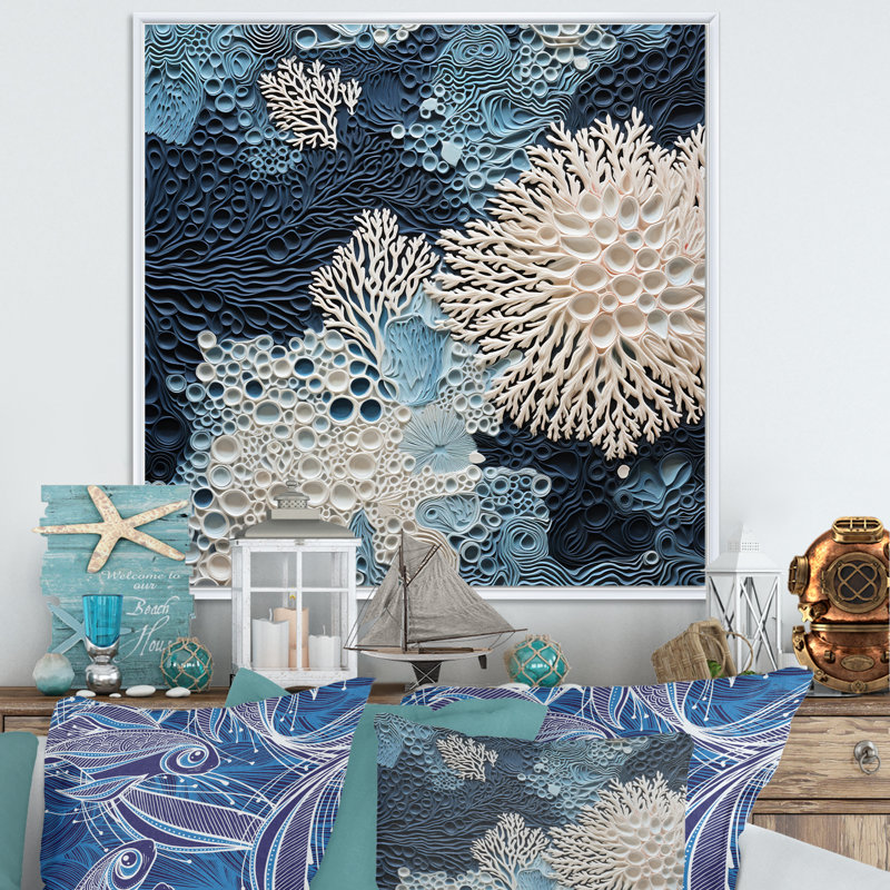 Collage sous l'eau de coraux bleus et blancs - art mural côtier, H 30 po x l 30 po, Reproduction avec cadre flottant, Blanc