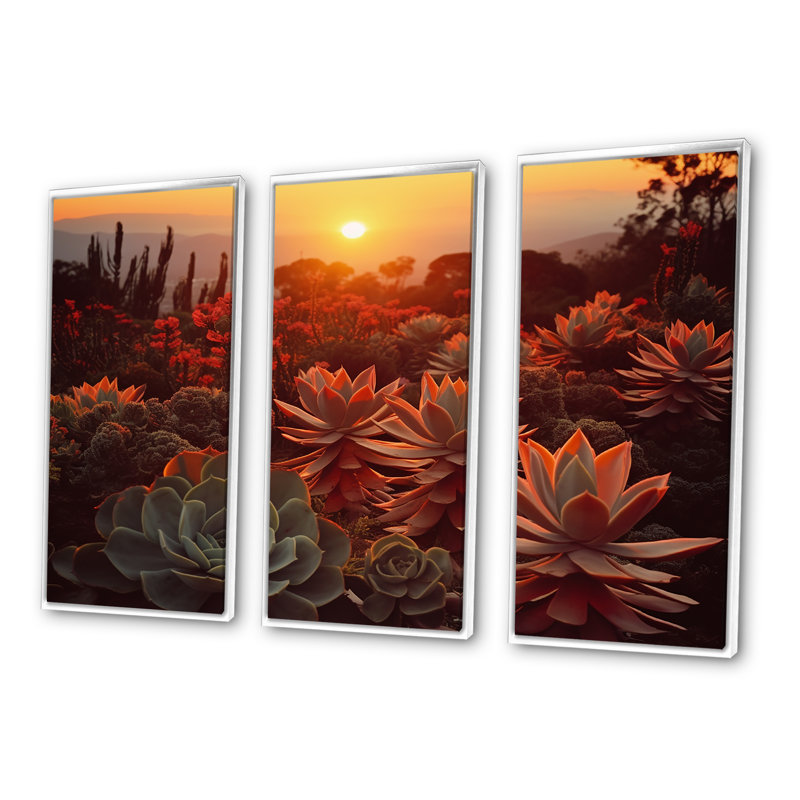 «Green» and Red Succulent Cactus Field Sunset II - Succulent Canvas Wall Art, ensemble, Cadre flottant blanc