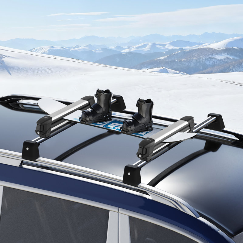 Ski & Snowboard Roof Rack, Carry up to 4 Pairs of Skis or 2 Snowboards, 2 PCS Aluminum Universal Car Roof Rack with Lock & Rubber Padding, Carrier for Fishing Rod, Fit Most Slotted Crossbars