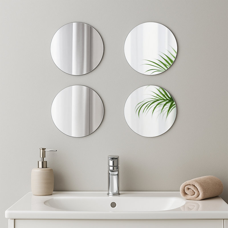 Ensemble de 4 petits miroirs adhésifs modernes et contemporains sans cadre, Rond 7,12 po x 7,12 po