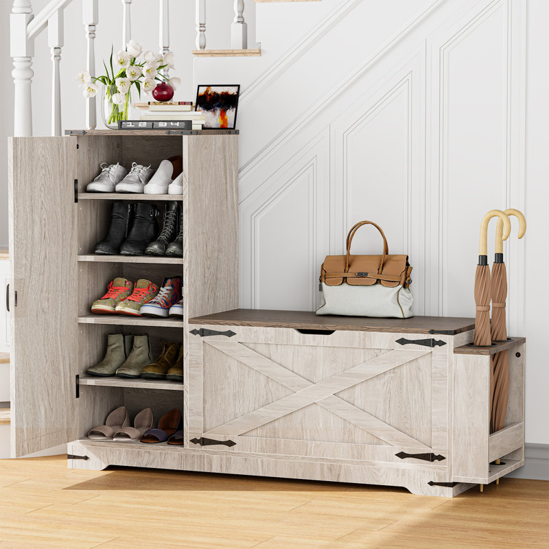 52"farmhouse Shoe Cabinet L-shaped Shoe Bench, Dark Brown