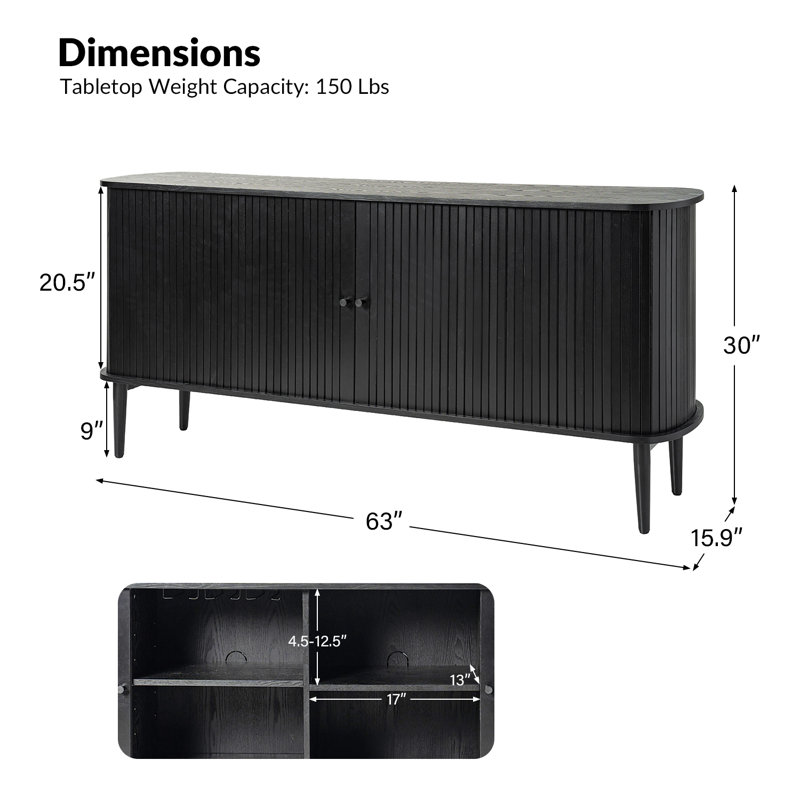 Celese 63'' Wide Sideboard with Adjustable Shelves and Wire Hole, Black