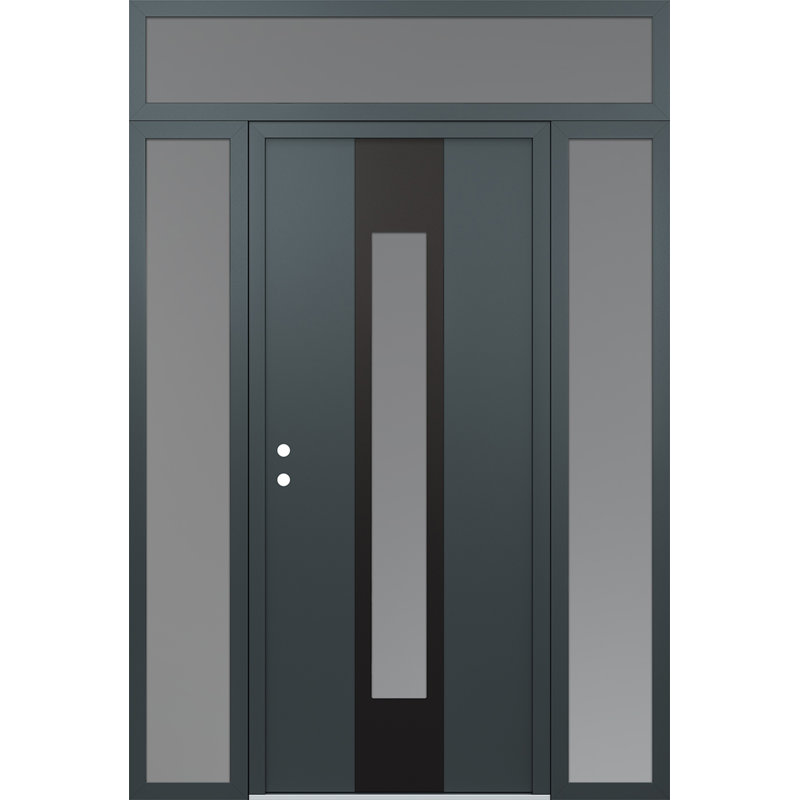 Porte d'entrée pré-suspendue en acier noir à panneau droit avec deux côtés et une traverse, Argent, L 61,06 po x H 95,69 po