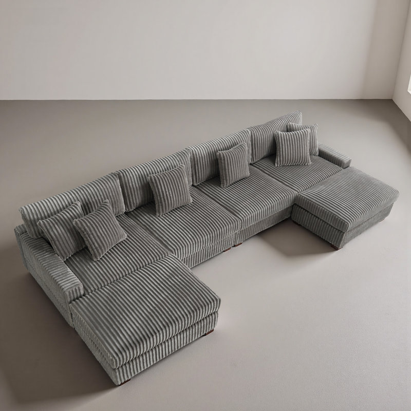 6 Seater Sectional, Light Grey Faux Fur