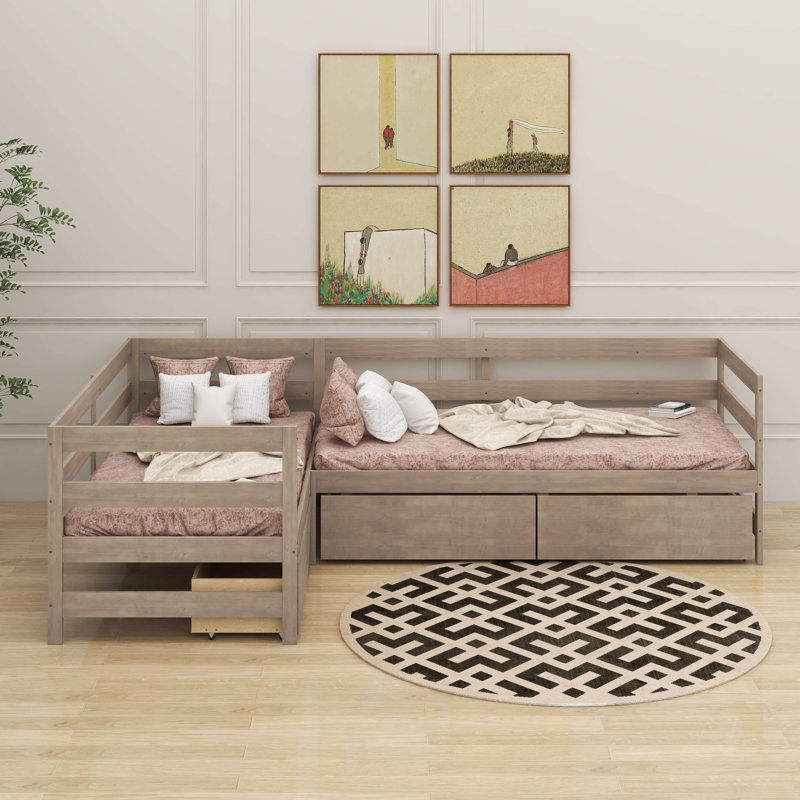 Lit plateforme simple en L avec tiroirs, Naturel