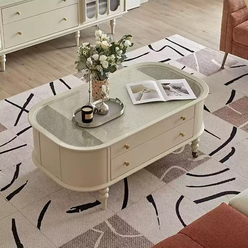 Cream white roller coffee table, 18.89" H x 43.3" L x 25.98" W