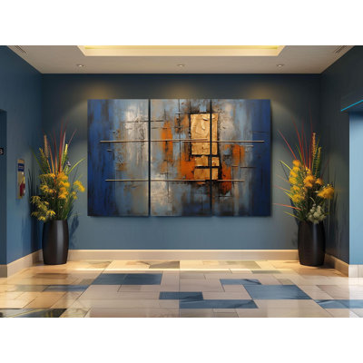 Triptych Canvas Wall Art – Luxury Abstract Triptych Canvas Wall Art - Blue and Gold Textured Painting - Large Modern Wall Decor - Contemporary Artwork, Painting Reproduction