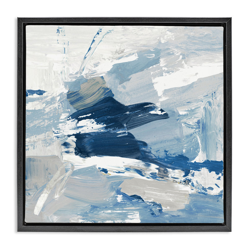 Peinture abstraite bleue brossée, H 18 po x l 18 po, Cadre flottant noir de jais