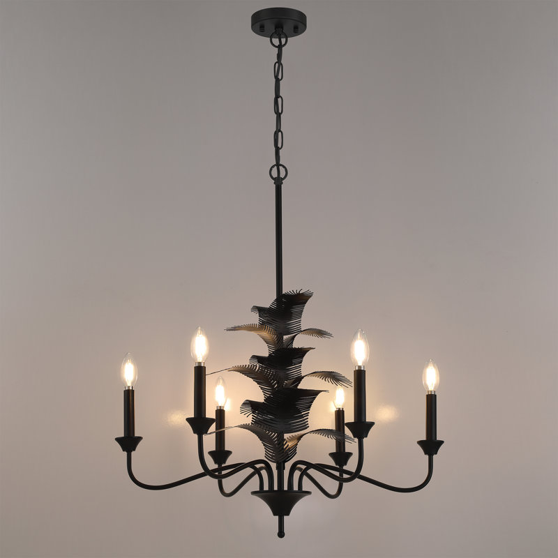 6-Lights Dimmable Ceiling Chandeliers with Leaf, Matte Black