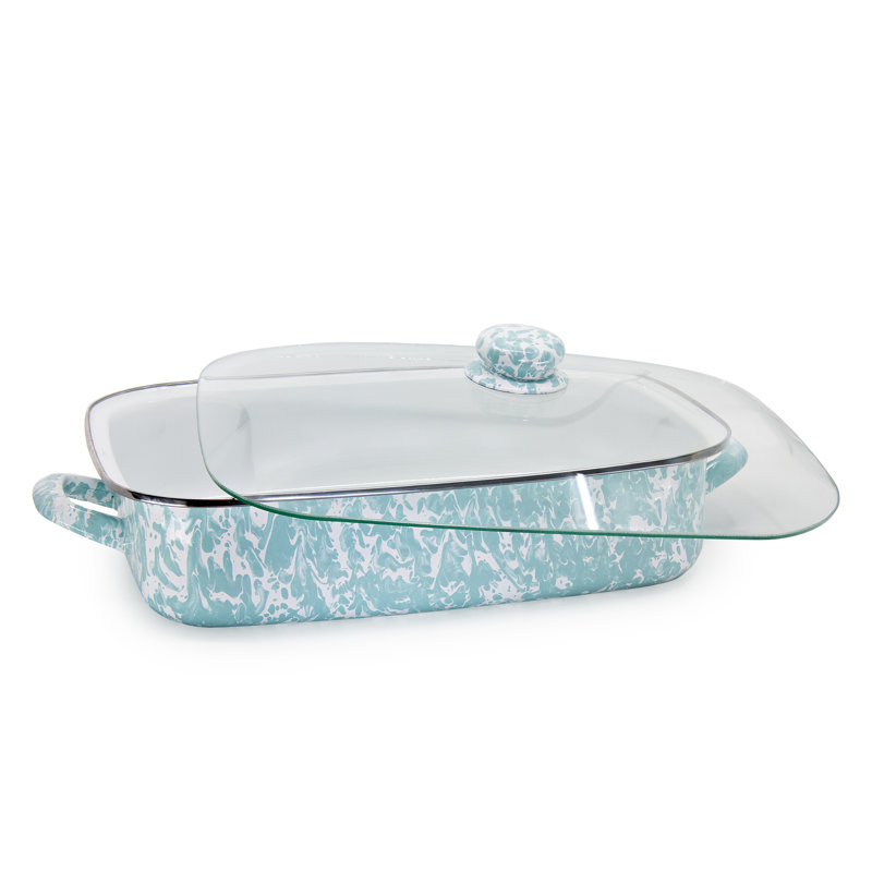 Golden Rabbit Enamelware -Black Swirl Pattern -16 x 12.5 x 4 Inch Roasting Pan Set, Ocean Swirl