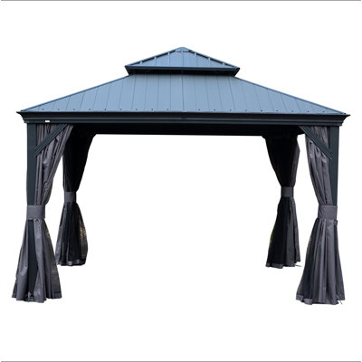 12'X12' Hardtop Gazebo With Resin Roof, Outdoor Metal Gazebo With Drainage Gutters, Permanent Heavy Duty Pavilion For Patio, Backyard And Deck, Curtains And Mosquito Netting Included