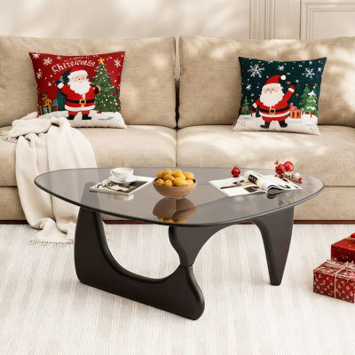 Modern Triangle Glass Coffee Table With Tempered Glass Top And Solid Wood Base, Mid-Century Living Room Center Table, Small Space Coffee Table by George Oliver