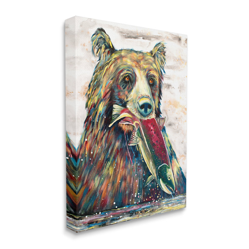«Bear and Fish Modern Wildlife Splash» par Jen Seeley - peinture sur toile tendue, H 40 po x l 30 po x P 1,5 po