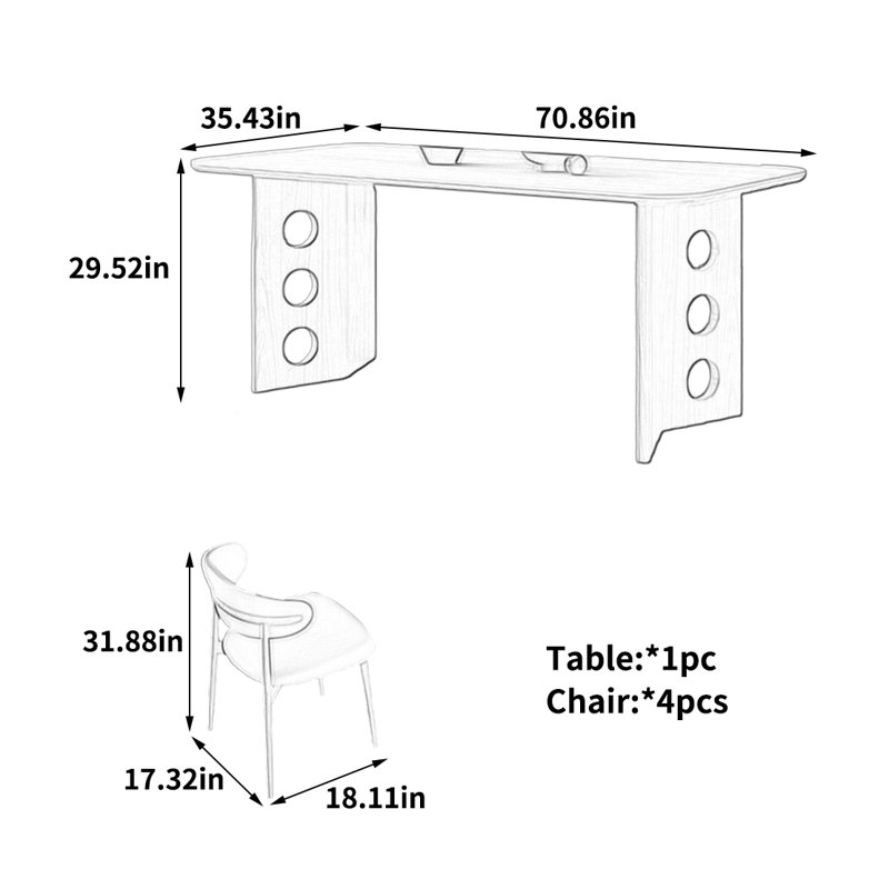 Table de salle à manger Minimalist, 5 pièces: table, 4 chaises, H 29,52 po x L 70,86 po x l 35,43 po