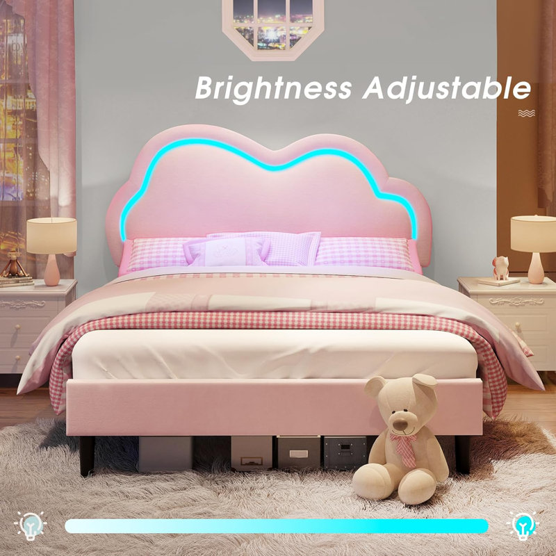 LED Twin Bed Frame with Adjustable Cloud Headboard, Velvet Upholstered Platform Bed, No Box Spring Needed, Easy Assembly, Pink