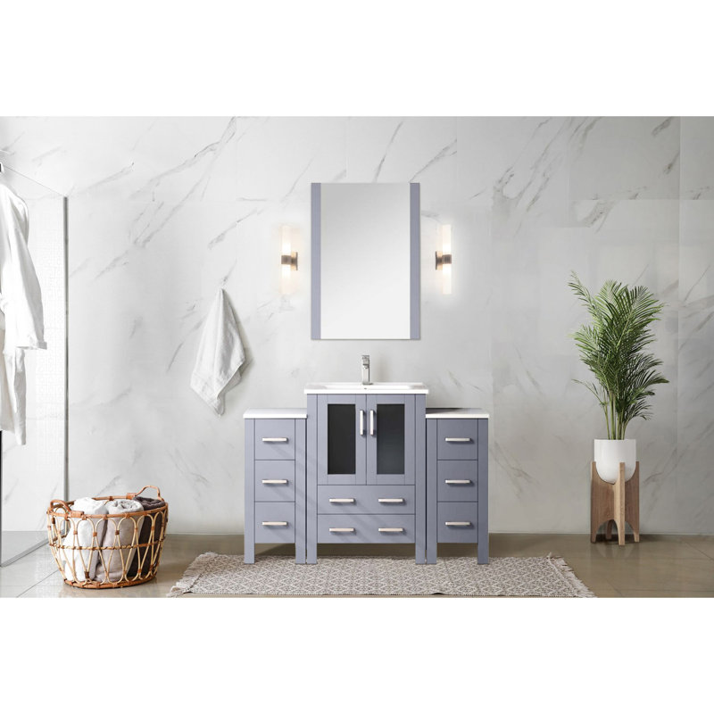 Meuble-lavabo simple gris foncé 48 po W, avec armoire latérale, plateau en céramique blanche et miroir 34 po, fermeture en douceur, teinte grattée, nombreuses options de rangement