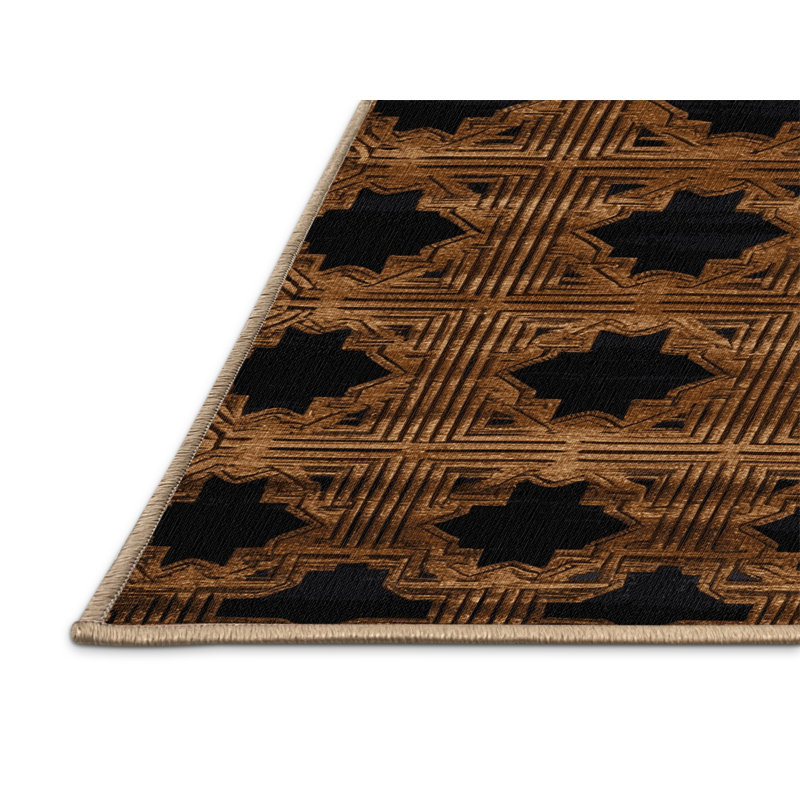 Machine Washable Art Deco Brown Area Rug, Rectangle 3' x 5'