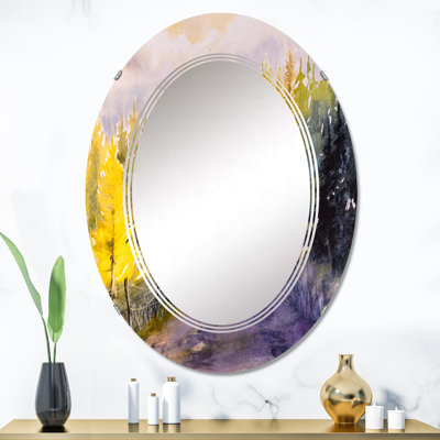 Paysage avec des arbres jaunes et oranges et verts - miroir mural traditionnel ovale
