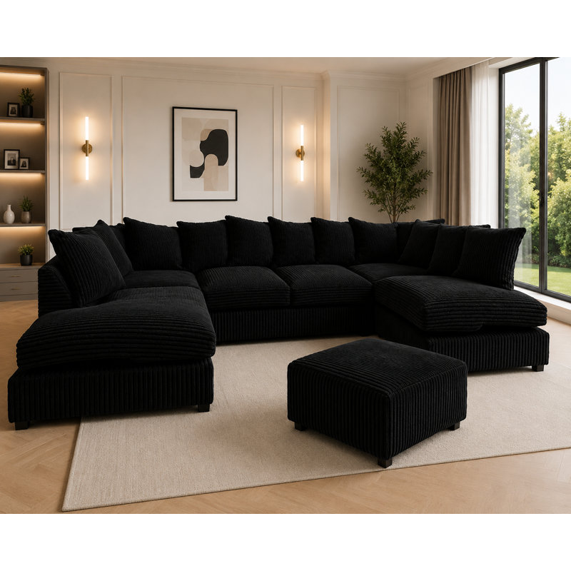 5 Seater Corduroy Corner Sofa , Black