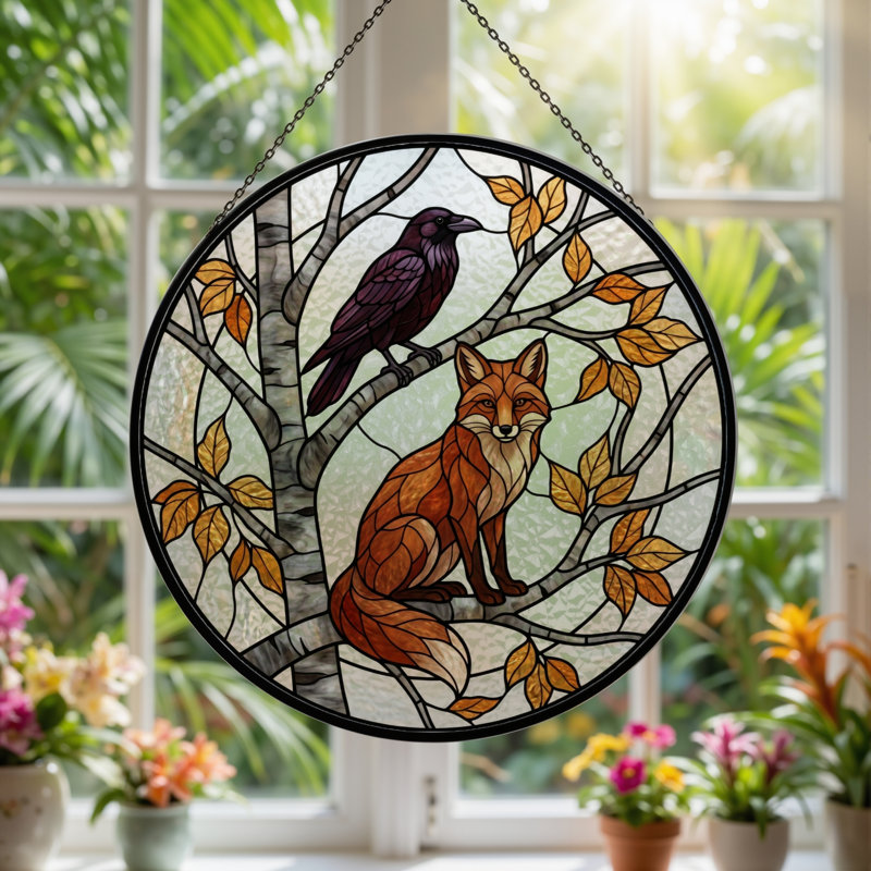 Panneau de vitrail Fox Crow, 7,8 heures, 7.8"H