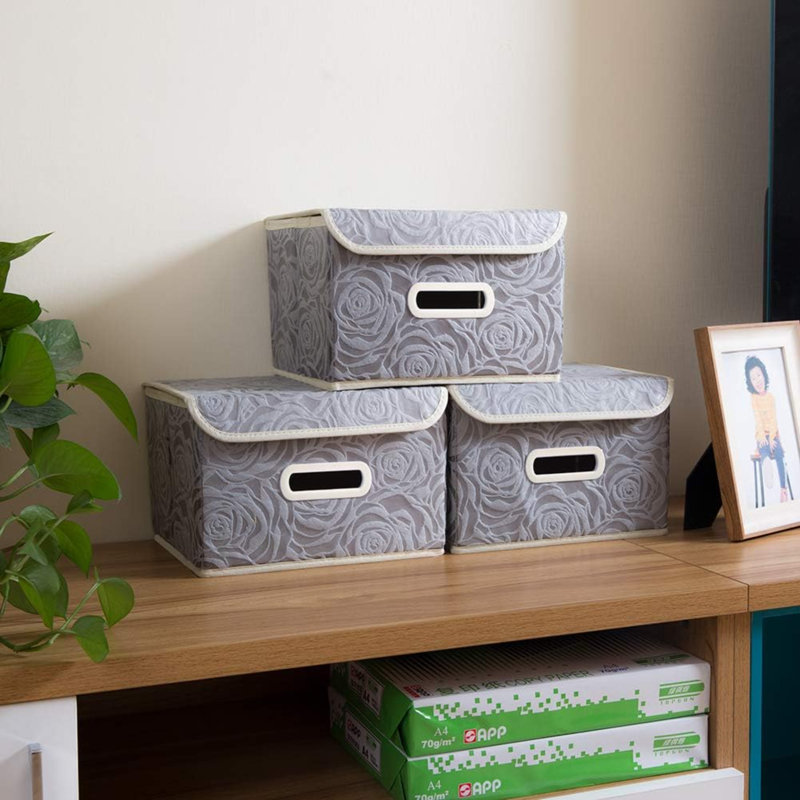 Stackable Storage Boxes With Lids [5-Pack] Fabric Decorative Storage Bins Cubes Organizer Containers Baskets With Cover Handles Divider For Bedroom Closet Living Room