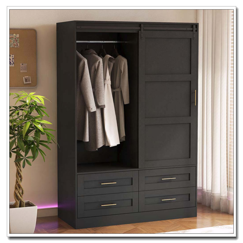 Garde-robe de grange avec tringle et tiroirs, Noir