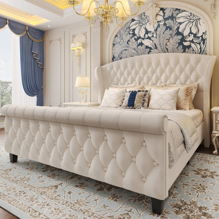 Queen Bed Frame with Scroll Wingback Headboard