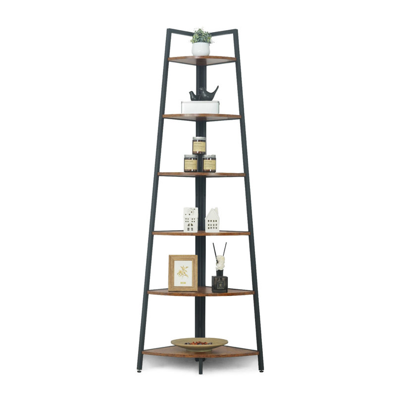 6-Tier Tall Corner Shelf Stand, Display Shelves, Ladder Corner Wood Storage Plant Bookshelf with Metal Frame, Versatile Shelving Unit Bookcase for Home Office Space, Rustic Oak