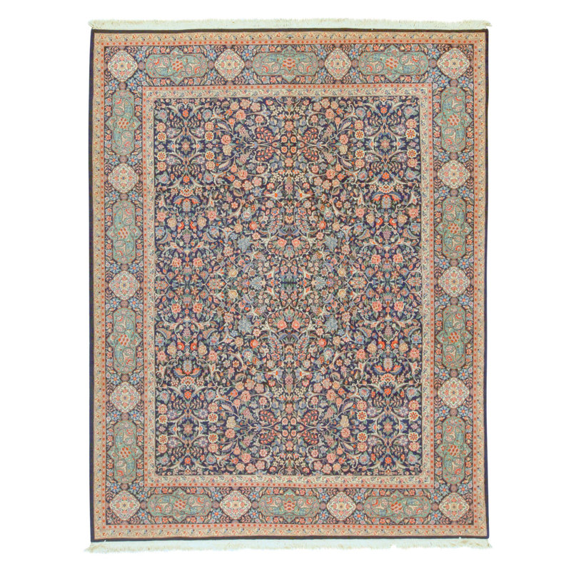 Tapis bleu marine et vert de haute qualité noué à la main