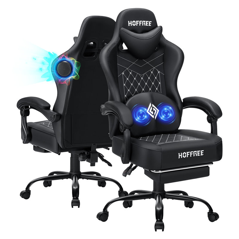 Inbox Zero Adjustable Reclining Ergonomic Faux Leather PC & Racing Game Chair with Bluetooth Speakers and Vibration Lumbar Pillow