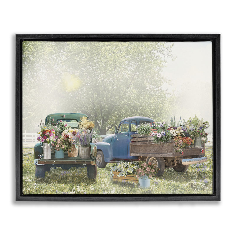 Camions rustiques avec fleurs de campagne, Cadre flottant noir de jais, H 17 po x l 21 po